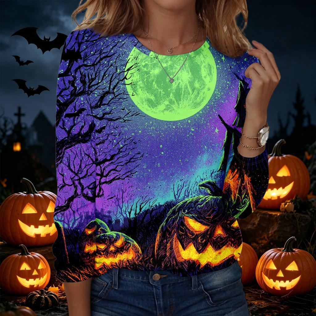 Women's Fashion Casual Long Sleeve Halloween Print Pullover Sweatshirt Crew Neck Top Comfortable Fit Seasonal Style