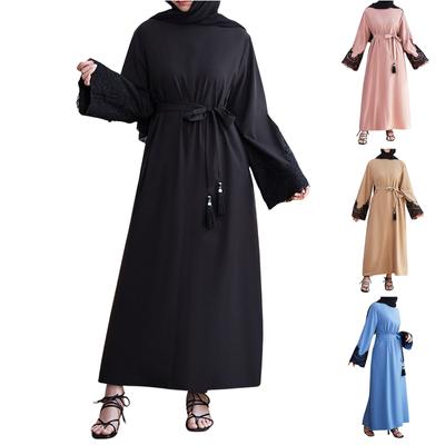 Muslim Women's Embroidered Sequin Embellished Cuffs Casual Long Sleeve Tassel Tie Waist Dresses