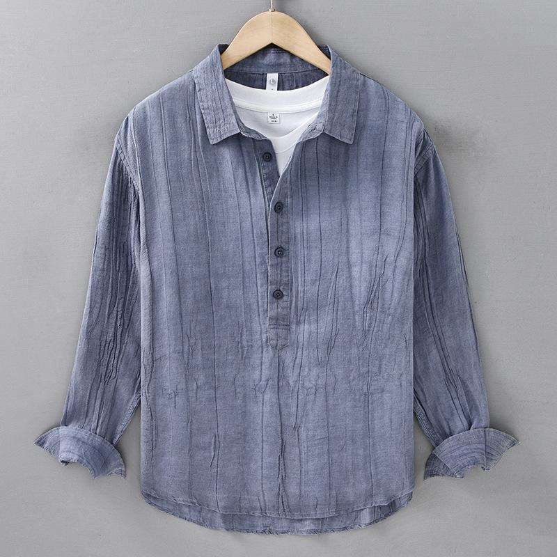 Spring and Summer Men's Linen Long-sleeved Shirt Casual Pleated Pullover Shirt