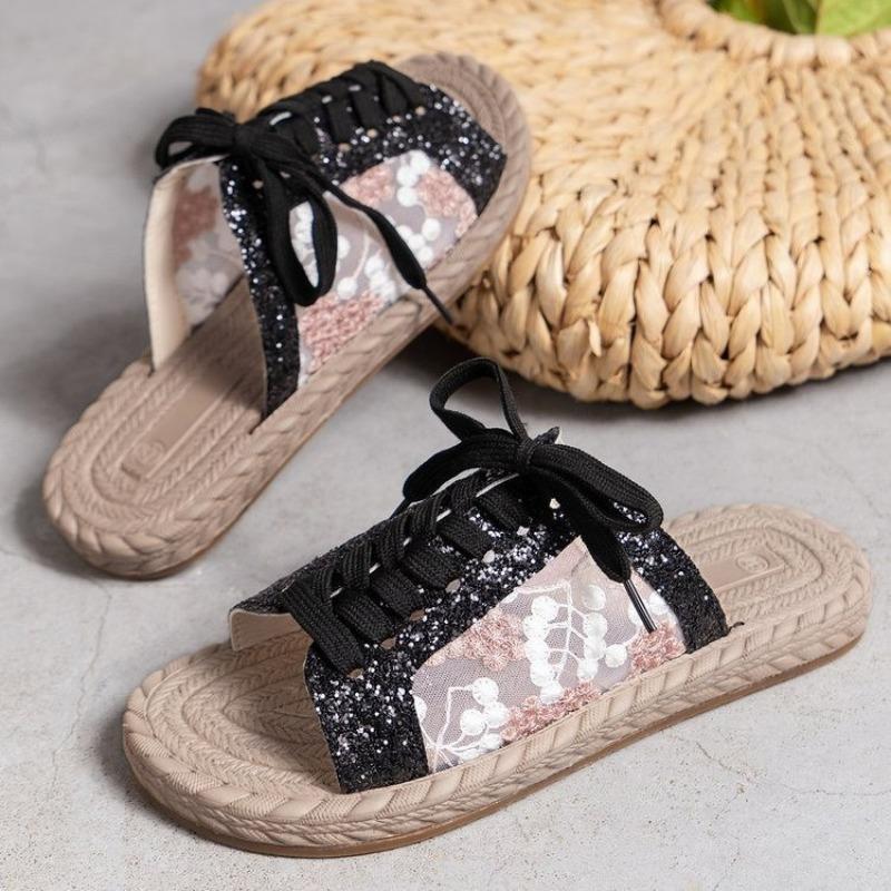 Women's Sequin Mesh Embroidered Lace-Up Open Toe Flat Sandals, Fashion Plus Size