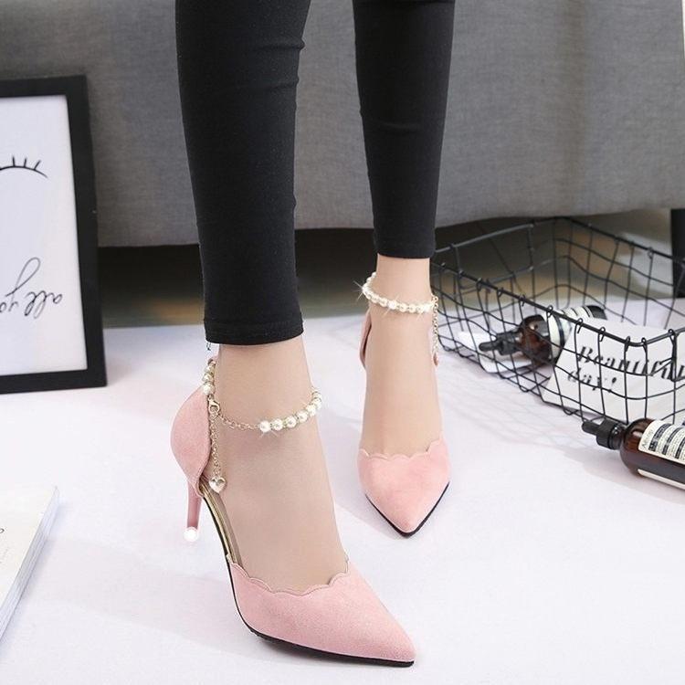 

High-heeled Shoes Pointed Sexy One-word Buckle Chain Stiletto Shallow Mouth Frosted Surface Women s Sandals 39 рожевий