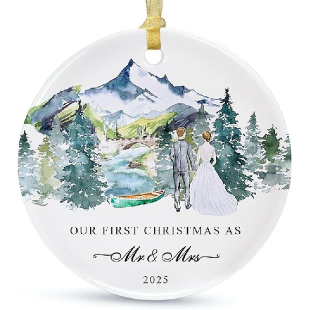Our First Christmas Married Ornament 2025,Wedding Gifts for Couples Unique Decoration,First Year Newlywed Mr and Mrs Hanging 2.9" Ceramic Round