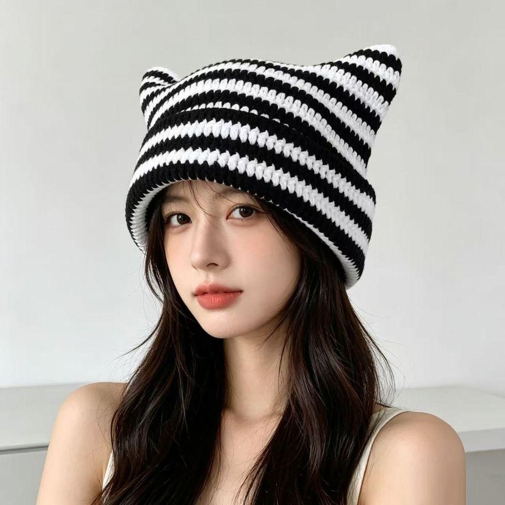 Cute Stripe Knitted Hat Warm Pullover Hat Soft Cat Ears Beanie Hats Outdoor