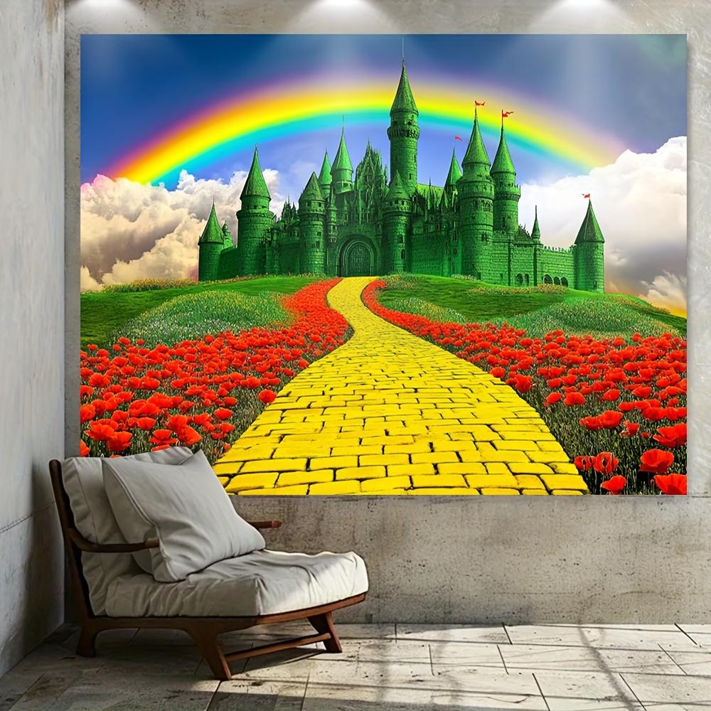1 Large "The Wizard of Oz" Jade Castle and Brick Road Background - Bright Floral Rainbow Polyester Photography Background