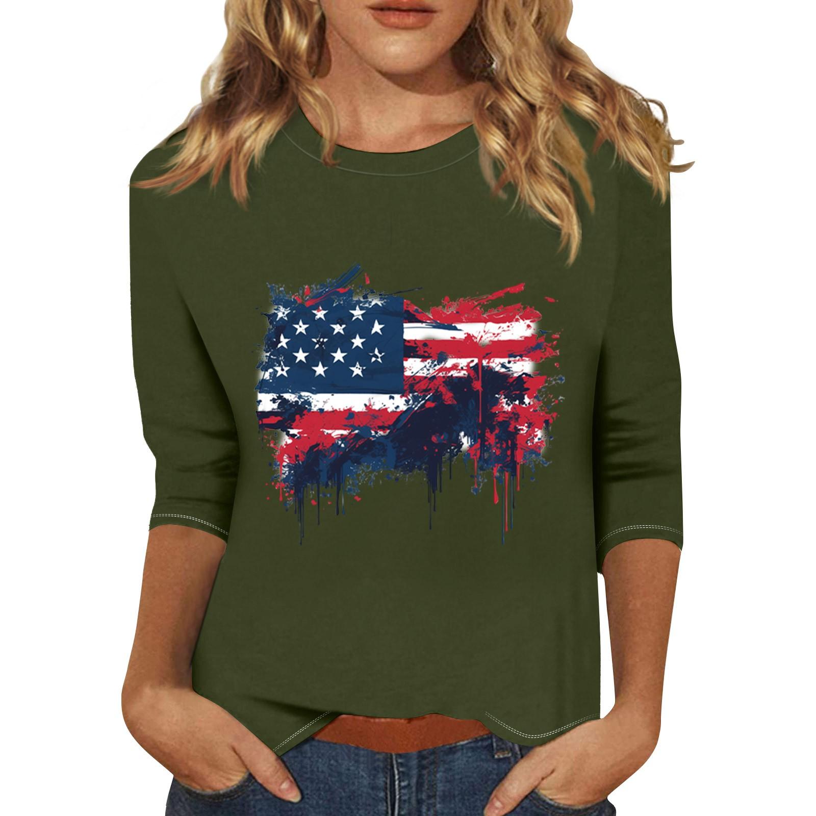 Women s Print Round Neck Top With Three Quarter Sleeves T-Shirt Three Quarter Sleeves T-Shirt L