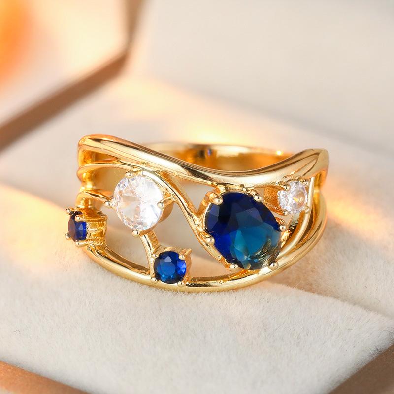 Gorgeous Inlaid White Blue CZ Women's Ring Trendy Gold Color Hand Carving Daily Wear Party Jewelry Anniversary Gift