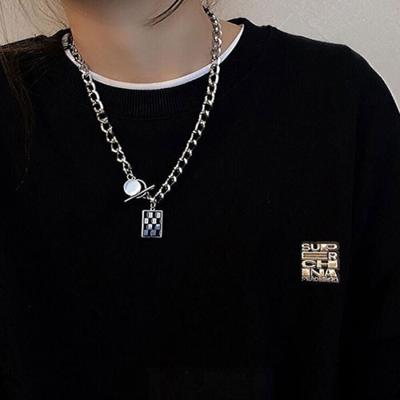 [S] Black Silver Check Square Chain Fashion Necklace_Ih