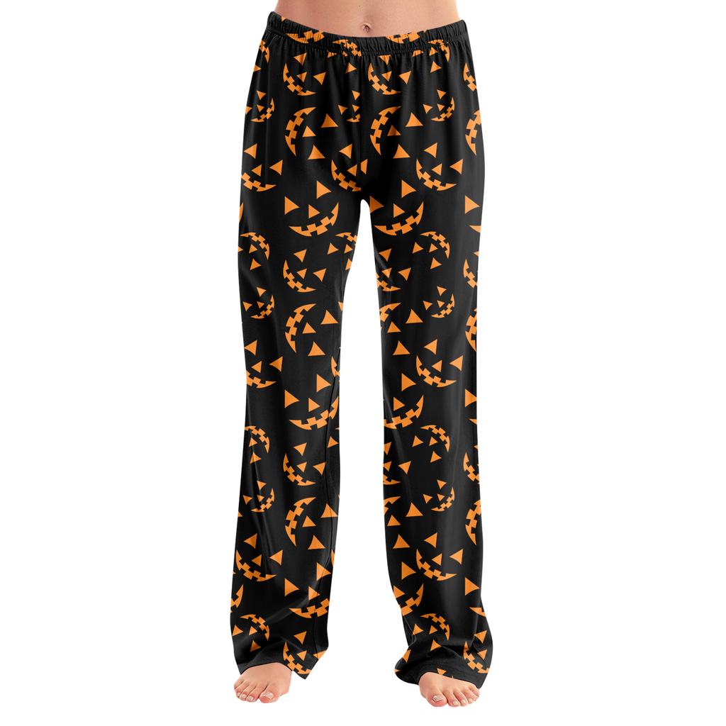 Damen Halloween Print Schlafanzughose, Lockere Casual Schlafhose für Zuhause, Ohne Kordelzug