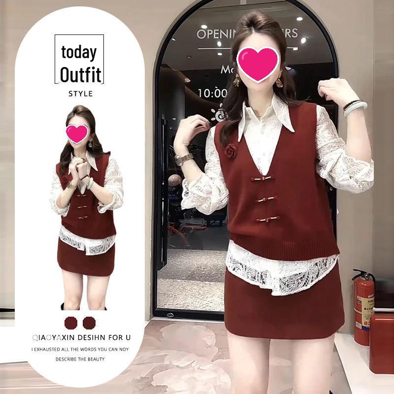 

2026 Year of the Dragon Red V-Neck Vest, Polo Shirt & High-Waisted Skirt Set L [105-115 lbs]