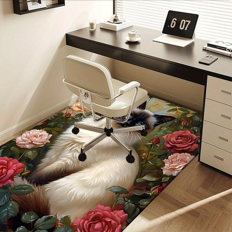 Siamese Cat and Roses Chair Mat: Office Carpet, Oversized Rug for Home Decor, Sofa Mat, Desk Pad Gift Suitable for Bedroom, Living Room, Any Room