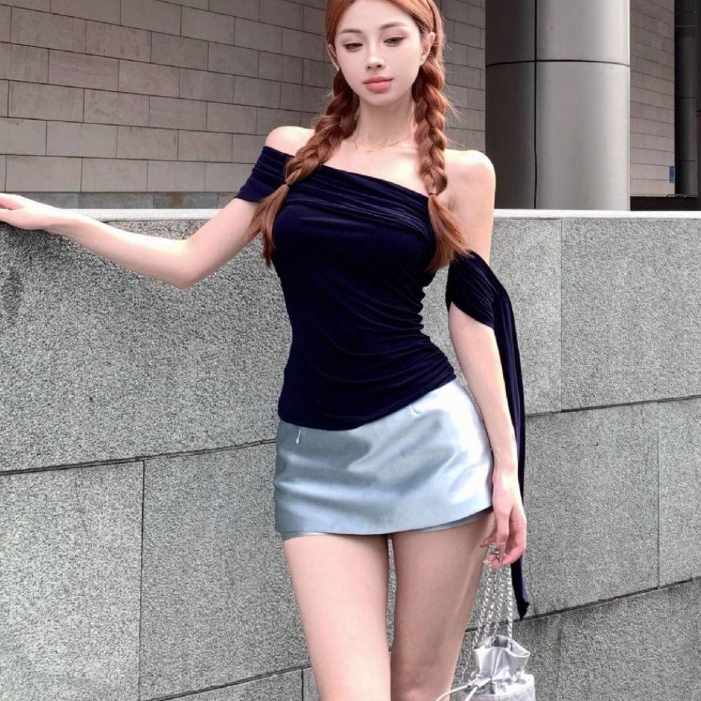 Slim Fit Y2K Crop Top Women Ribbon Slanted Shoulder Top Fashion Off Shoulder Shirt Top Girls