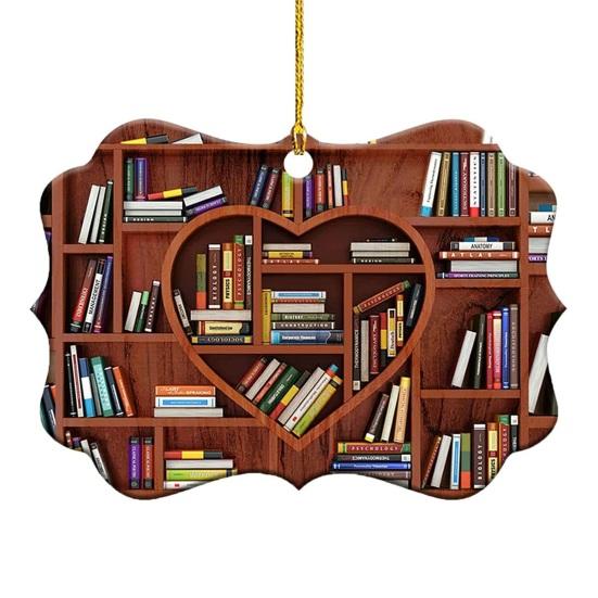 Heart Shaped Christmas Ornament Acrylic Bookshelf Xmas Tree Hanging Decorations 2D Flat Printed Book Gifts for Book Lovers