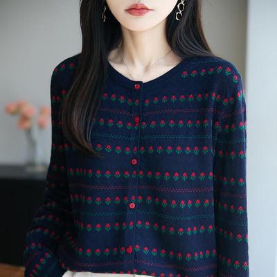 Trendy Early Autumn Sweet Floral Striped Knit Cardigan Pullover Sweater