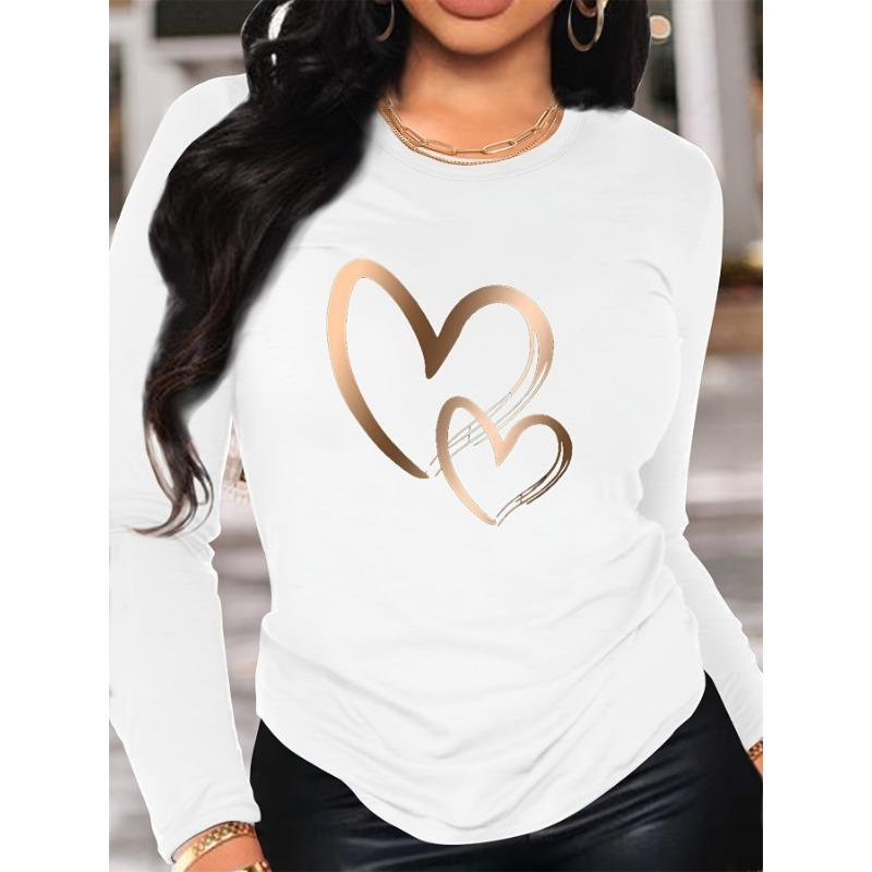 Spring and Autumn Women's Fashion Casual Loose Heart Pattern Printed Long Sleeve Round Neck T-shirt
