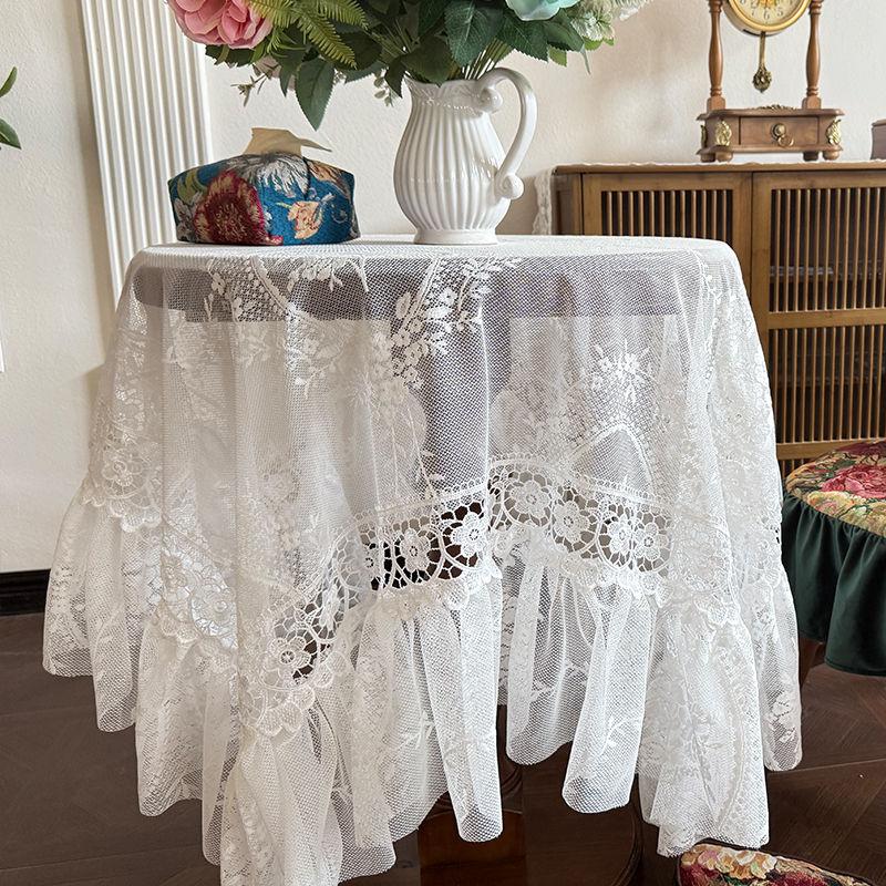 

Французская белая кружевная скатерть, круглый стол, прямоугольное вышитое пряжей полотенце, журнальный столик 85*85CM