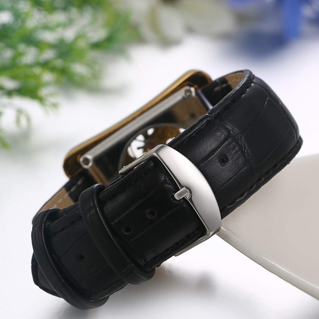 JEWELRYWE Men's Watch with Leather Strap, Stylish Waterproof Automatic Movement, Skeleton Design, Antique Style, Square Shape, Gold