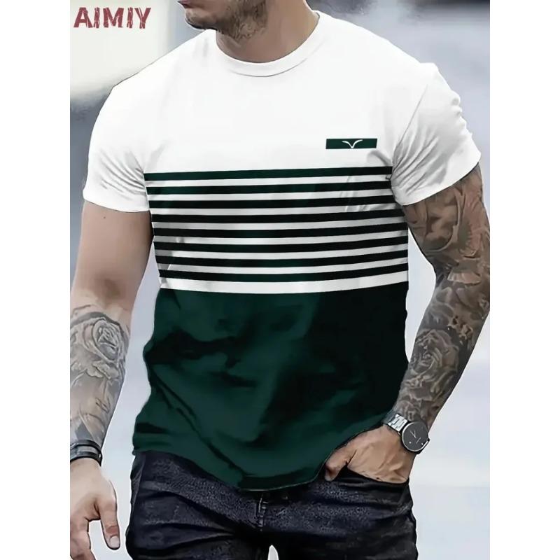 T Shirt Man Classic Men's Clothing Outdoor Round Neck Short Sleeve Top Stripe Print Street Loose T-Shirt