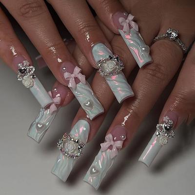 24 Stück 3D French Manicure Fake Nail Piece Dreidimensionale rosa Schleife trägt Nagel Cat Point Drill Abnehmbarer Nagel