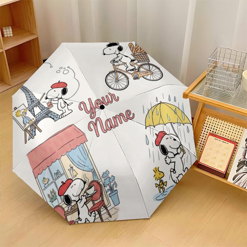 Custom Text Automatic 8 Bone Umbrella, Portable Sun Rain Protection UmbrellaSnoopy Peanuts