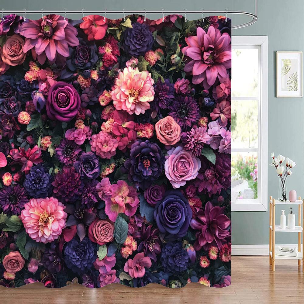 Rose Floral Flowers Wall Curtain Shower Curtain, Bathroom Decorative Shower Curtain, Waterproof Shower Curtain with Hooks