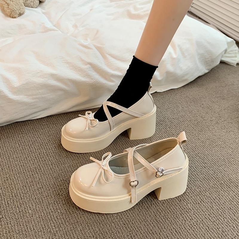 Fashion Women's Fashion Chunky Single Shoes Spring New Round Head Shallow Mouth Butterfly Knot Line with Platform Non-slip High Heels