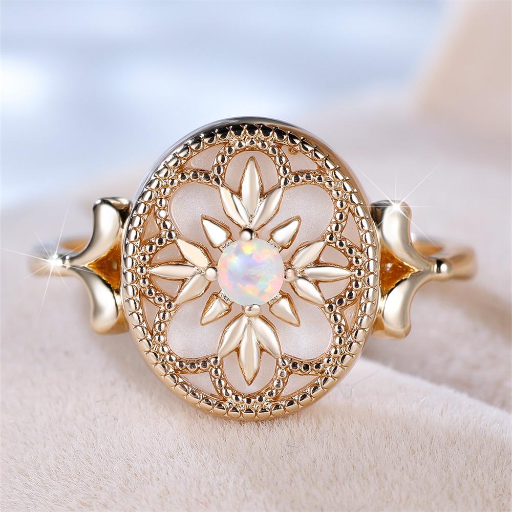 

Trendy Flower White Opal Round Stone Rings For Women Vintage Gold Color Engagement Bands Wedding Jewelry 10