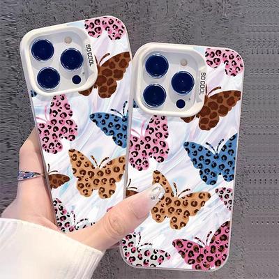 Silver Leopard Print Butterfly Phone Case for iPhone 15/14/13 Pro Max/12/XR/XS/7/8