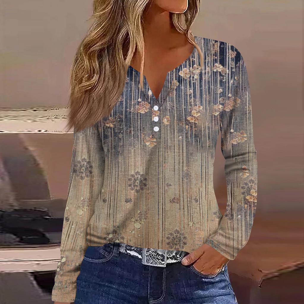 Dámská móda Ležérní květinový potisk Tričko s dlouhým rukávem, výstřihem do V, knoflíčkem, Top s dlouhým rukávem