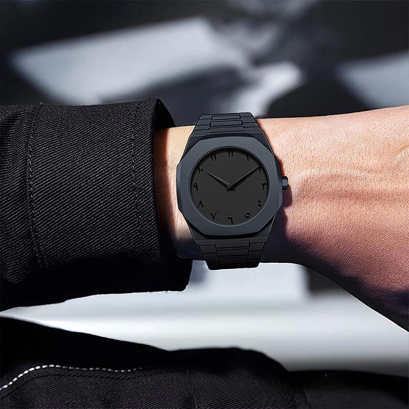 1Pcs Men Octagonal Dial Quartz Wristwatch Full Black Arabic Numeral Dial Watch For Daily Casual Business Wrist Watch