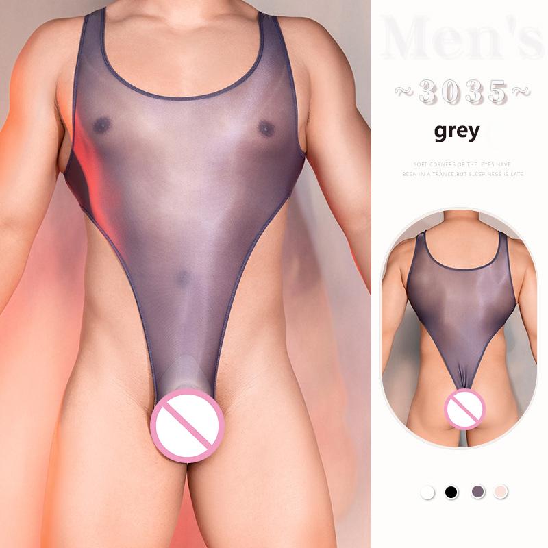 Erotic Men Bodysuit Elastic Oil Shiny Glossy Backless Leotard Sissy Sexy Jumpsuit With Straps Gay Man Transparent Rompers Bdsm