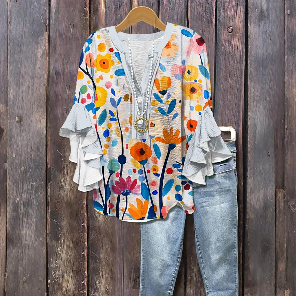 Women's Fashion Casual Button V-Neck Seven Sleeve Vintage Printed Shirt Top