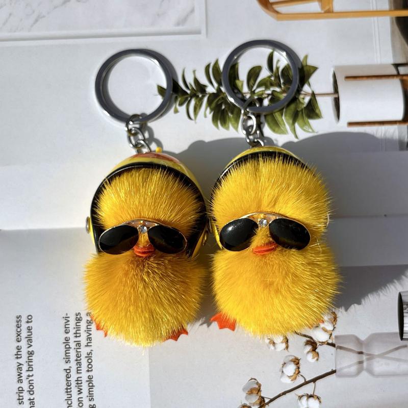Cute Woman , A Cool Duck with Helmet and Eyes Mink Hair Little Duck Plush Bag Pendant Car Bag Charm