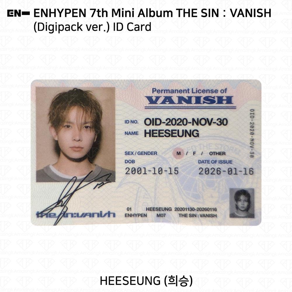 ENHYPEN Das 7. Mini-Album THE SIN:VANISH Digipack-Version. Fotokarte KPOP K-POP