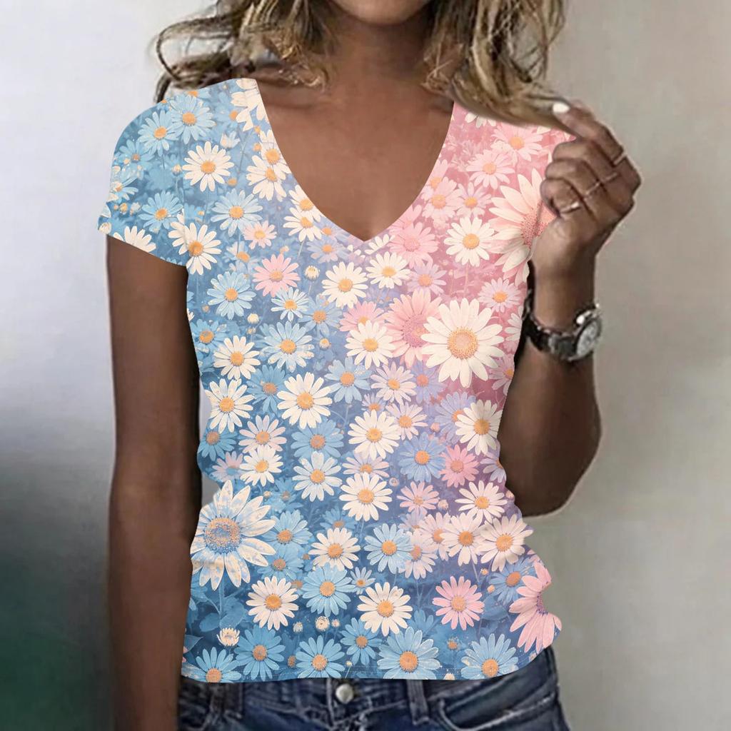 Women Casual V Neck Short Sleeve Floral Print T Shirt Lightweight Soft Fabric Comfortable Fit Summer Top