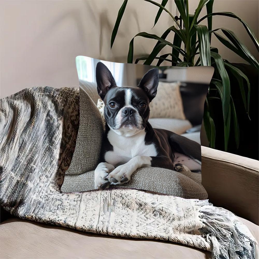 Boston Terrier Gaze Double-Sided Decorative Pillowcase, Cute Dog Portrait Cushion Cover For Sofa Living Room Bedroom Decor
