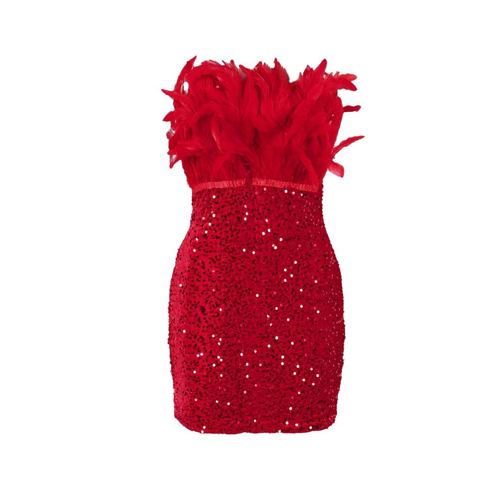 European & American Strapless Feather Sequin Bodycon Dress