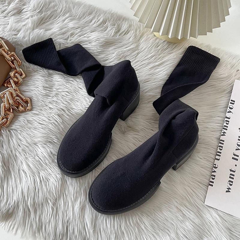 Fashion versatile thick-soled and thin knee boots 2025 autumn and winter high-heeled elastic socks boots thin boots