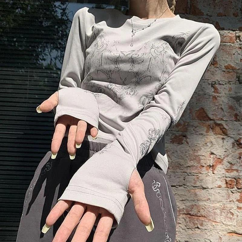Slim Long Sleeve Blouse Ladies Temperament Spring and Autumn O Collar Printed Thin Blouse Grey