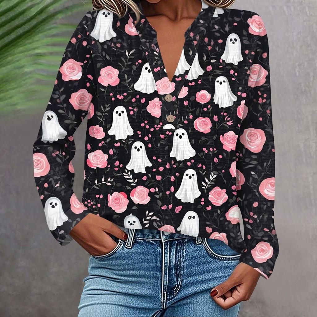 Women's Fashionable And Casual Shirt Long Sleeve V-neck Button Printed Blouse Top
