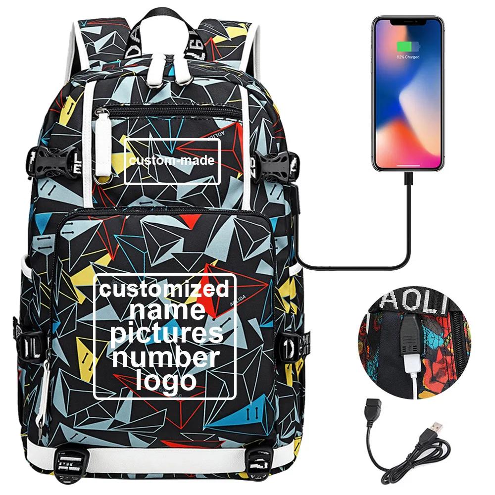 Customized Print DIY Your Like Photo or Logo Boy Girls Kids Book Bag Women USB Laptop Backpack Canvas Men Bagpack Big Travel Bag