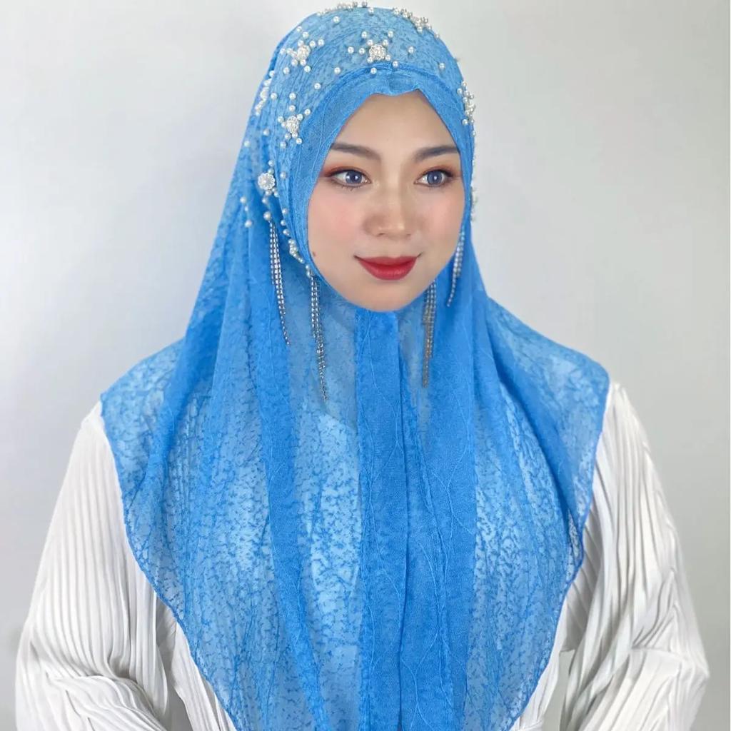 Msulim Hijab Women Beaded Flower Tassel Shawl Wrap Islamic Hat Stoles Headscarf Turban
