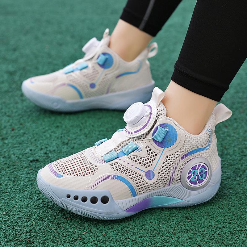 Boys Shoes Sports Mesh Shoes Rotating Button Youth Breathable Mesh Shock Absorption Children's Basketball Shoes Students