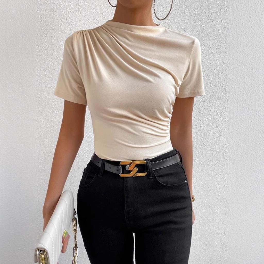 High Neck Ruched Slim-fit Short Sleeve Women's T-shirt 2025 Spring/Summer Collection