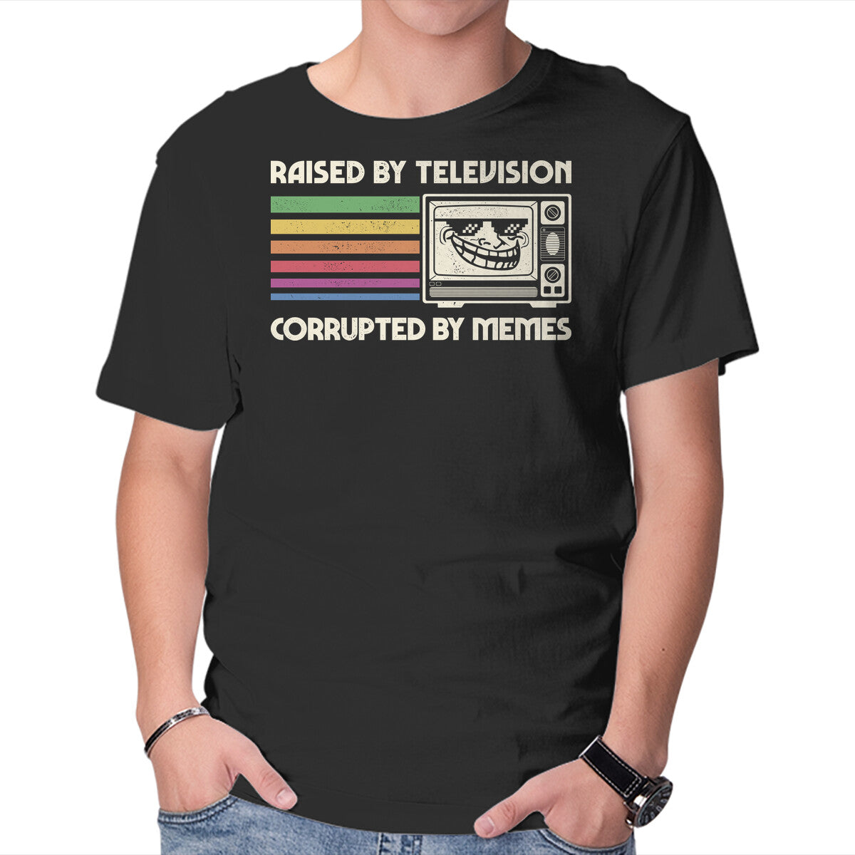 Unisex Crew Neck T-Shirt Raised By TV Corrupted By Memes Graphic Short Sleeve Casual Tee L