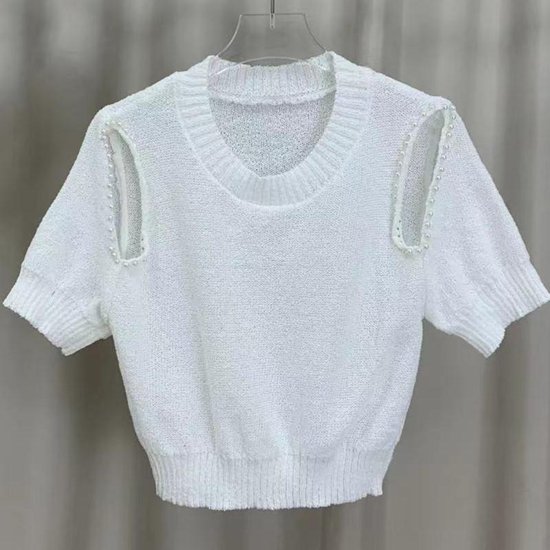 Summer Design Sense Round Neck Doo Beading Thin Short-sleeved Knit Shirt Top Female Casual Summer Essential Comfort and Style Slim Fit Pullovers Tees