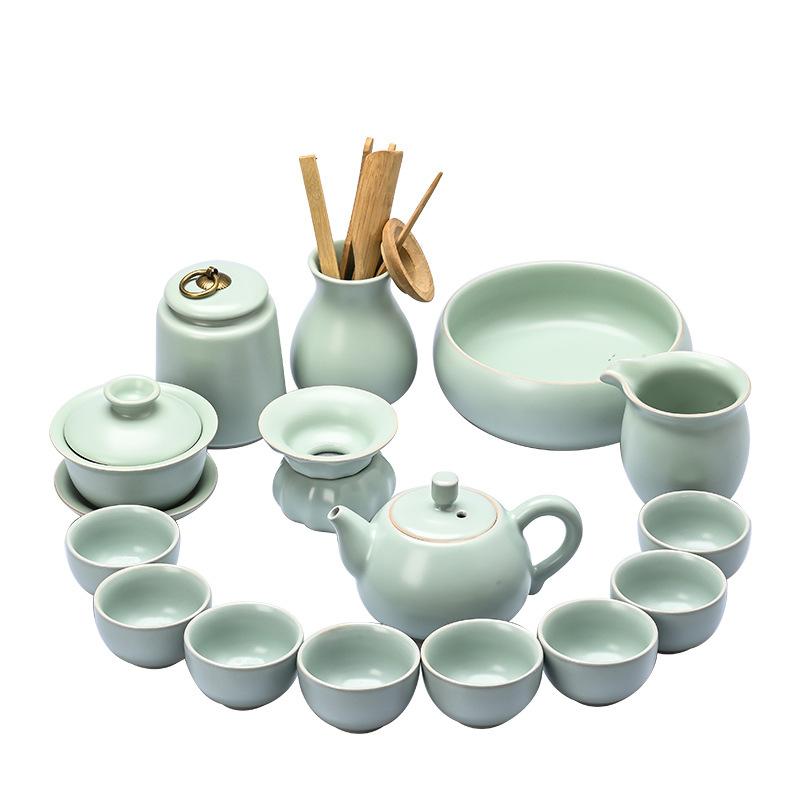 Ru Kiln Tea Set 15 Heads, a Complete Set of Kung Fu High-end Ru Porcelain Openings Can Raise Teapots, Tea Washes, and Retro Tea Cans