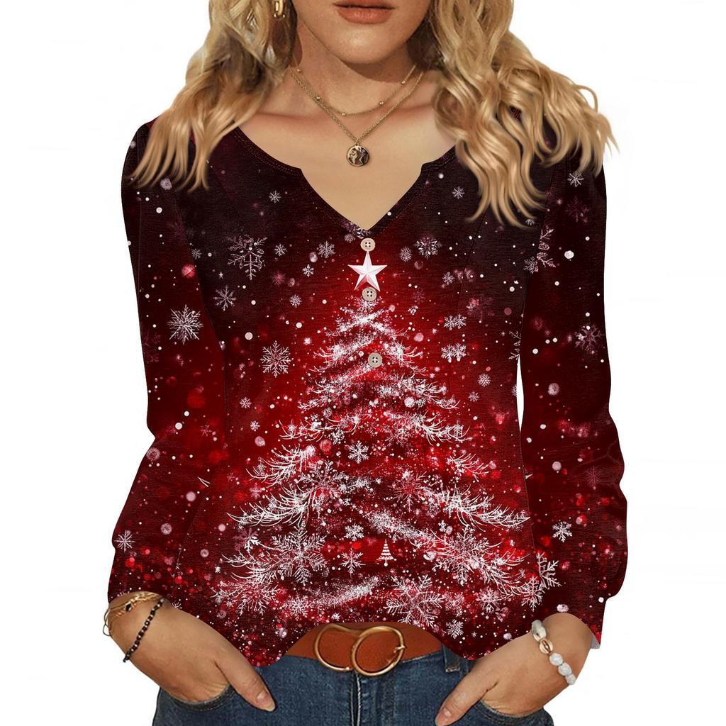 Women's Fashionable Casual V-neck Blouse Button Christmas Printed Long-sleeved Pullover T-shirt Top