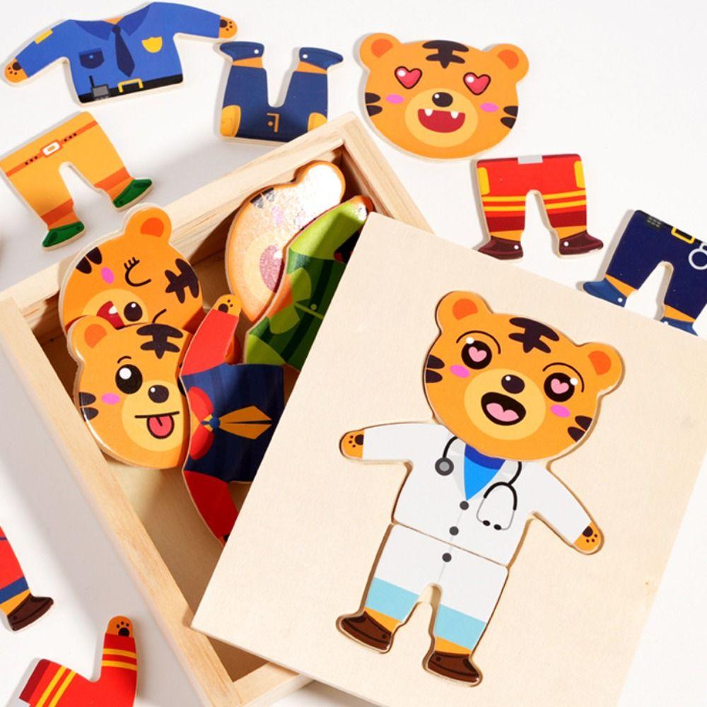 Cartoon Design Wooden Toy Jigsaw Puzzle Change Clothes Feature Bear Dressing Game  Kids Play