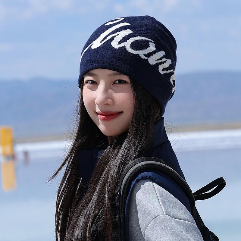 American Letter Jacquard Knitted Hat for Women in Autumn and Winter Warm and Ear Protecting Woolen Hat Versatile Face Showing Small Baotou Cold Hat