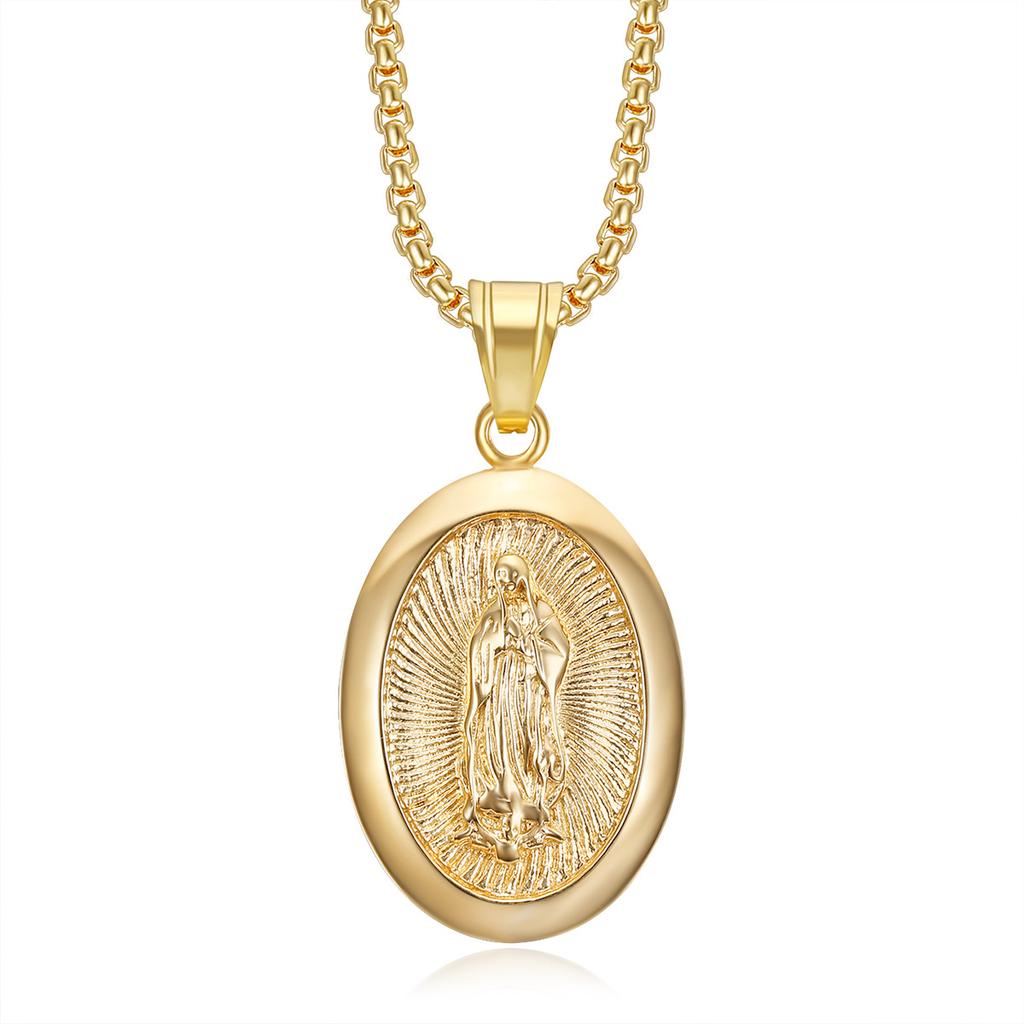 Jungfrau Maria Gebet Anhänger Halsketten Goldfarbe 316L Edelstahl mit Strasssteinen Schmuck für Damen/Herren